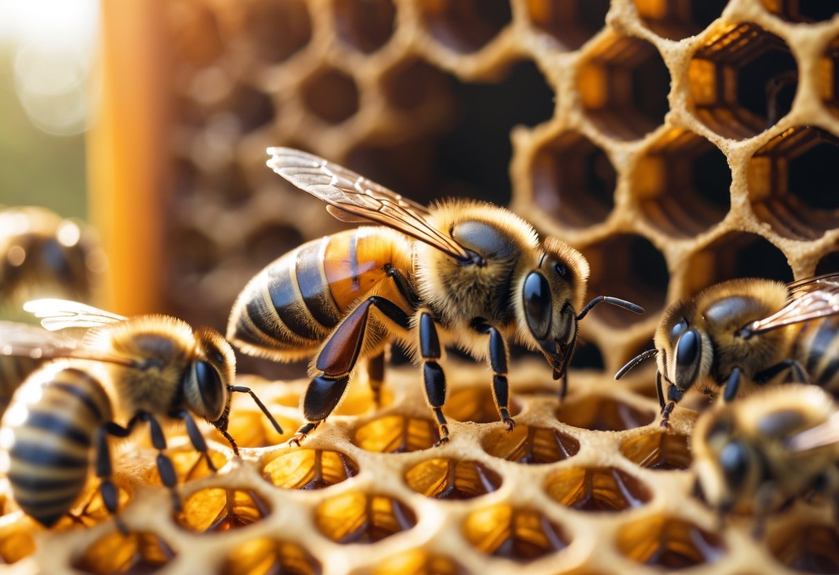 A close-up of a honeybee performing a waggle dance on a honeycomb inside a beehive with other bees nearby.
