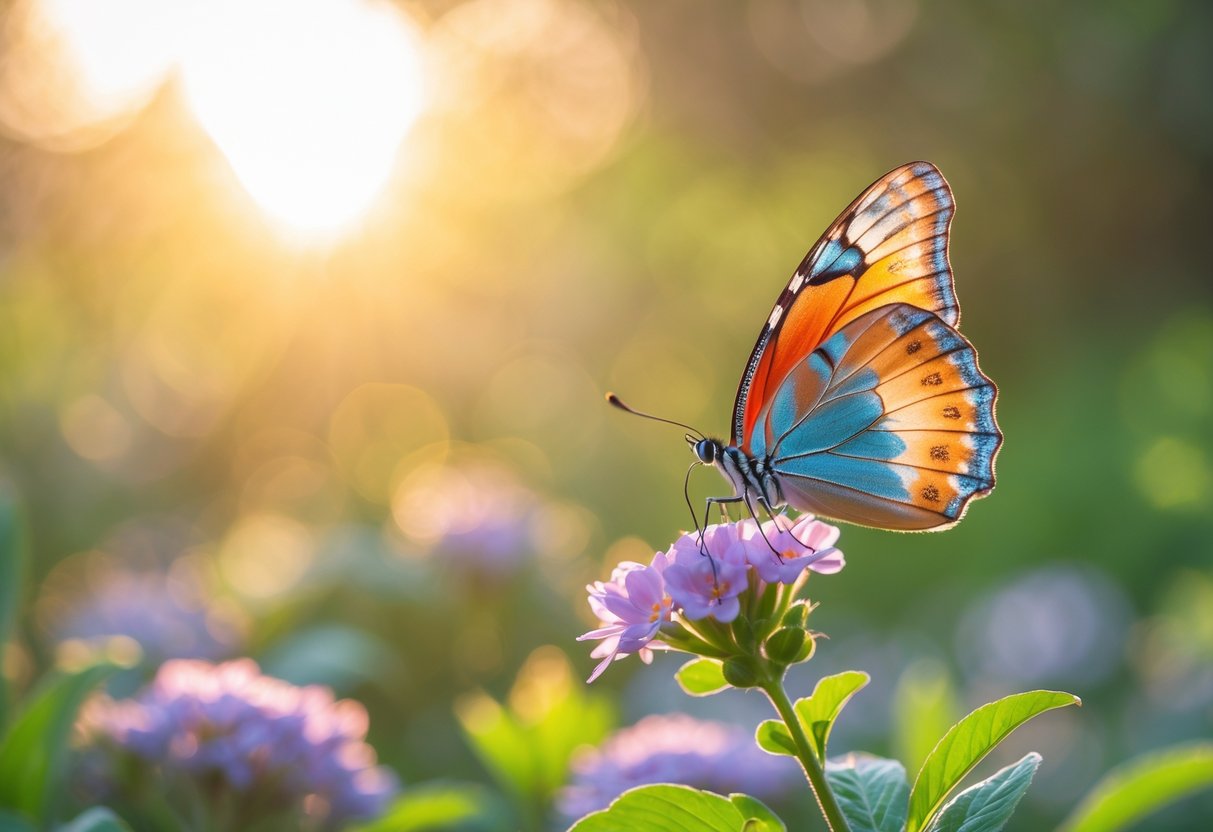 A butterfly resting on a flower surrounded by green leaves with warm sunlight in the background.