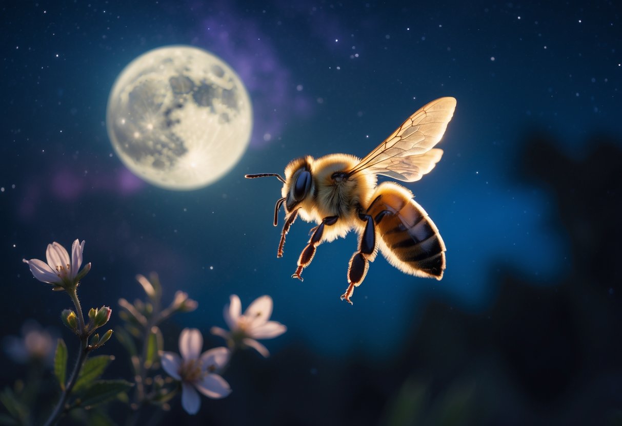 A bee flying at night under a starry sky with faint moonlight illuminating its wings and nearby flowers.