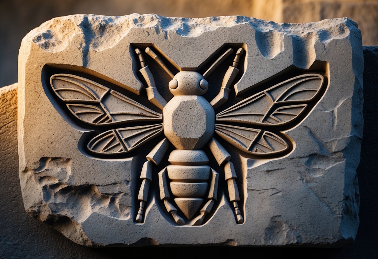 Close-up of an ancient carved stone tablet depicting a stylized bee symbol.