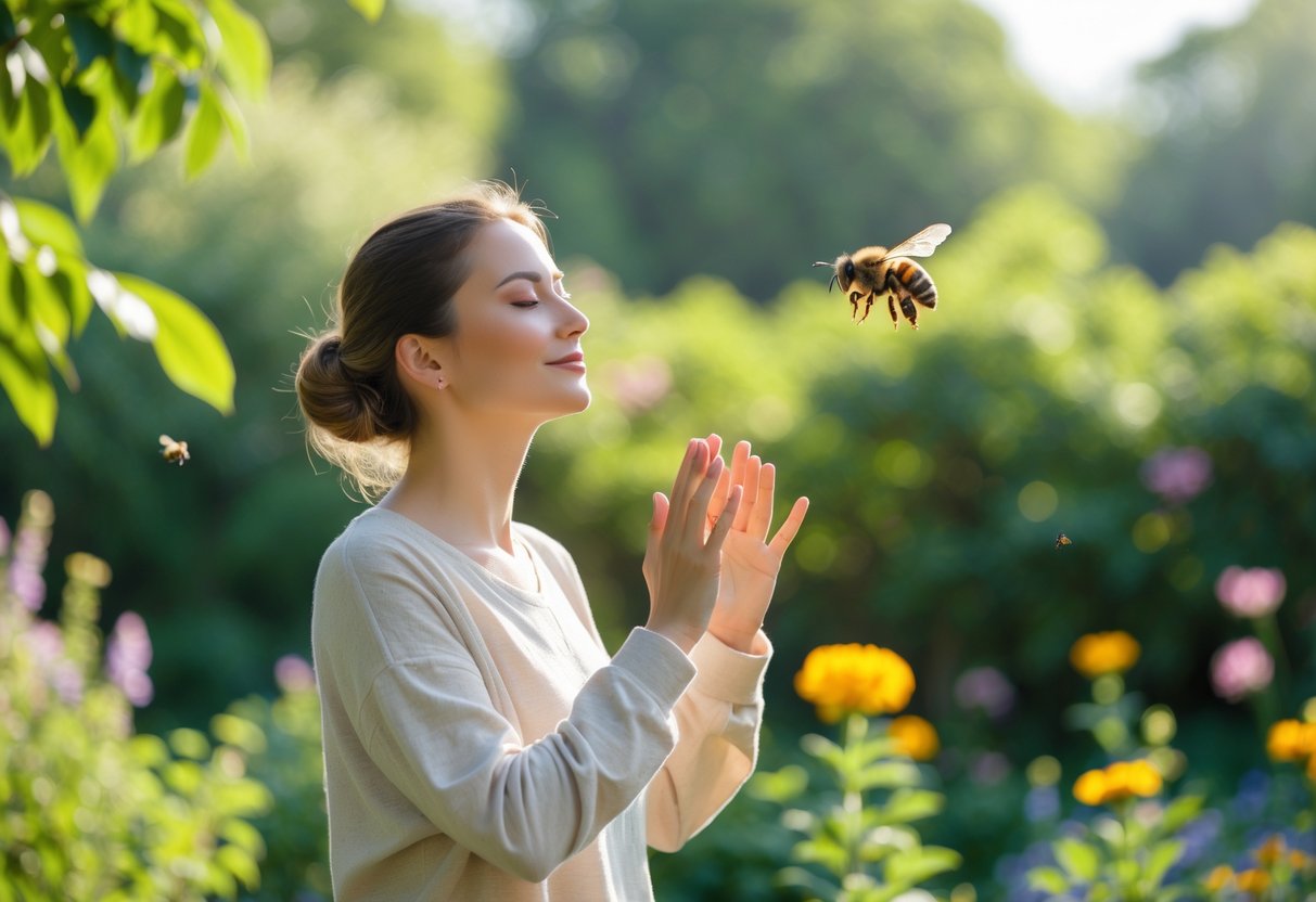 A person standing calmly outdoors with a bee flying near their face in a garden setting.