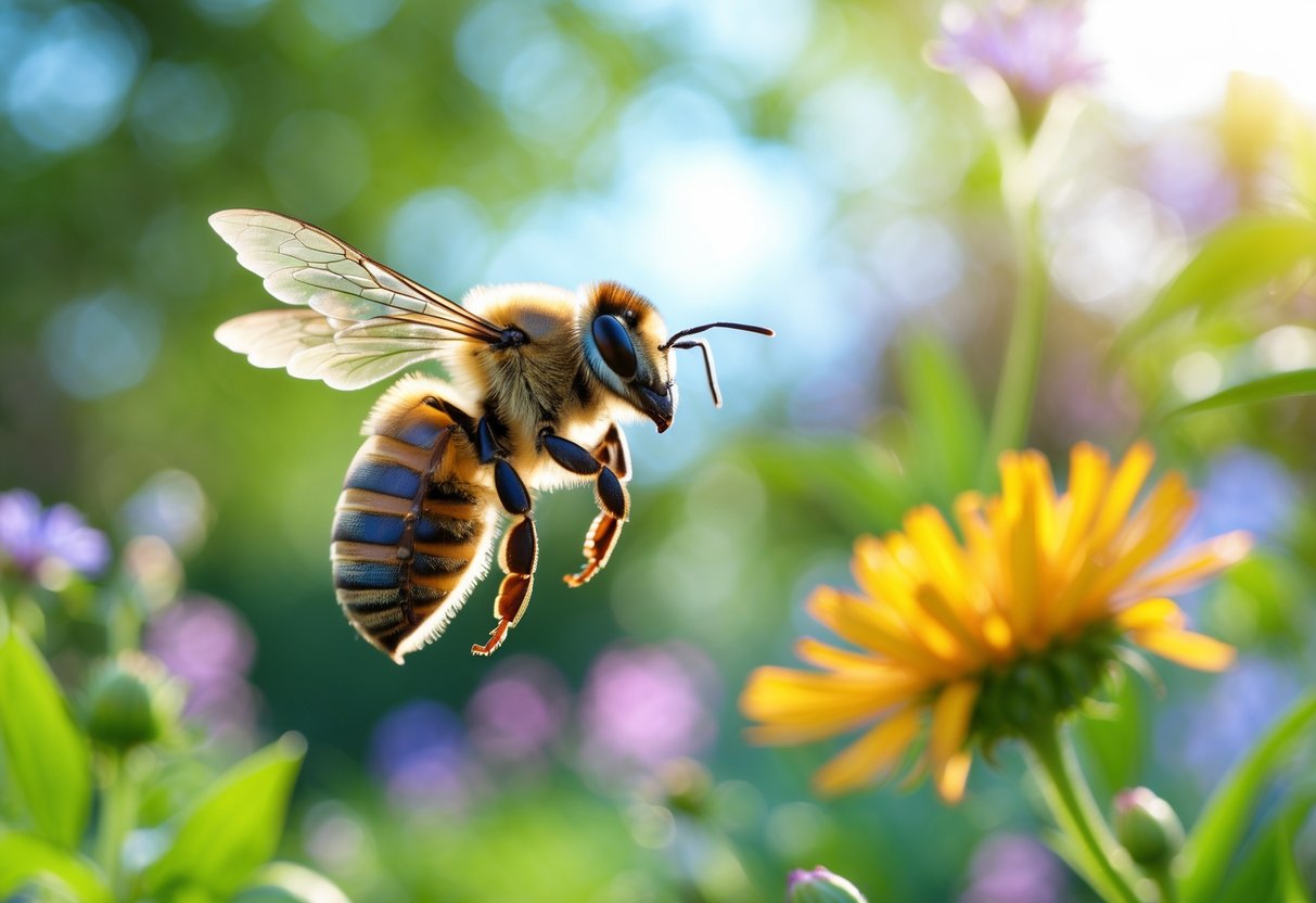 A bee hovering near a colorful flower in a sunlit garden with green foliage in the background.