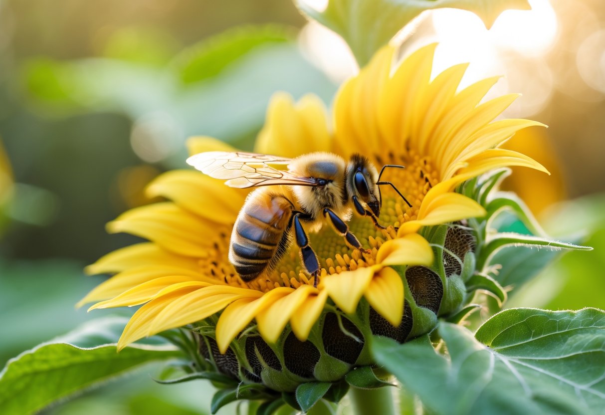 A honeybee sitting on a yellow sunflower with green leaves blurred in the background.