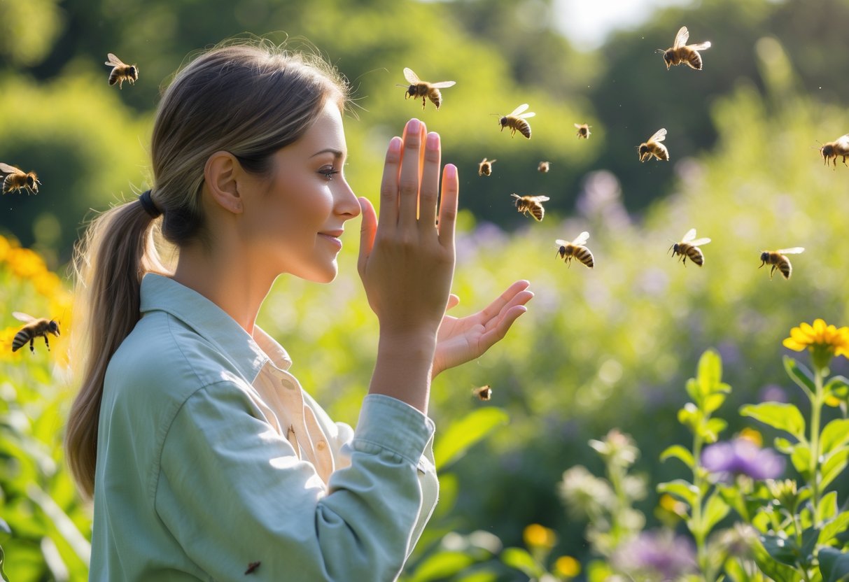 A person outdoors gently waving their hand to keep bees from landing on them in a garden with flowers and greenery.