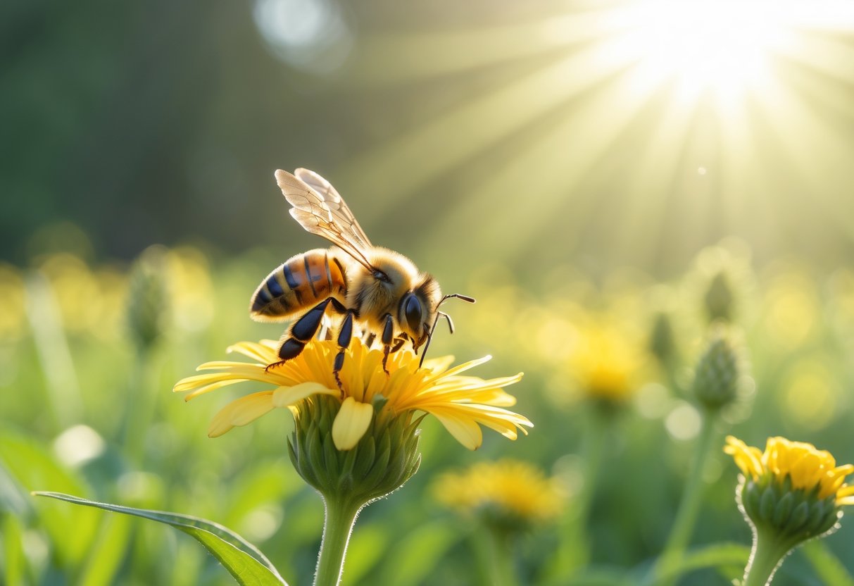 A close-up of a bee resting on a yellow flower in a sunlit meadow.