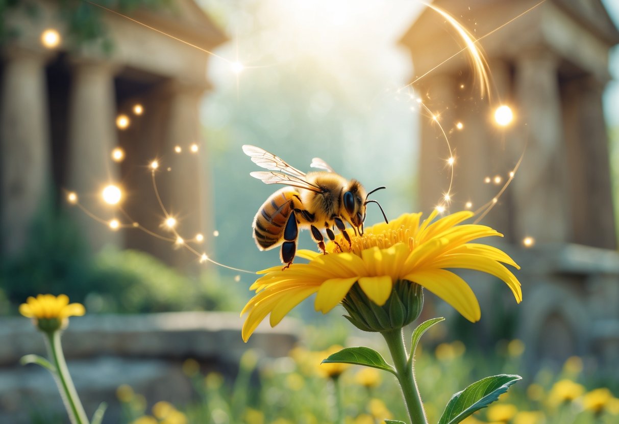 A honeybee resting on a yellow flower with ancient temple ruins faintly visible in the background under warm sunlight.