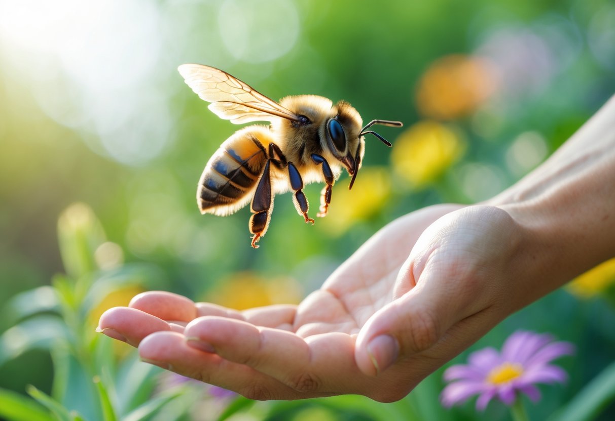 A bee flying close to a person's open hand outdoors with flowers and greenery in the background.