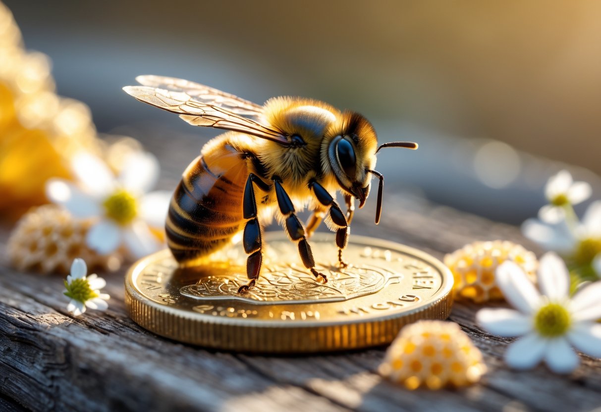 A honeybee sitting on a gold coin surrounded by honeycomb pieces and flowers on a wooden surface.