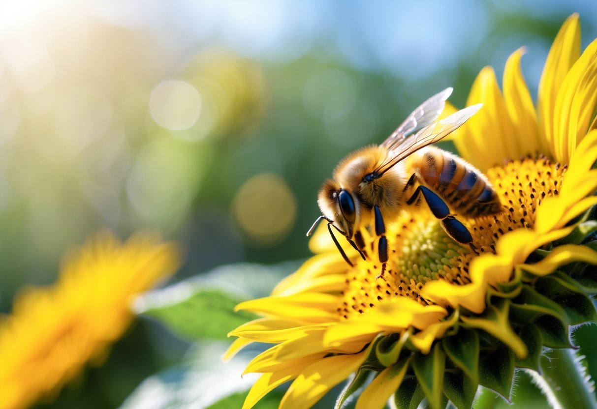 A honeybee sitting on a yellow sunflower with green leaves and blue sky in the background.