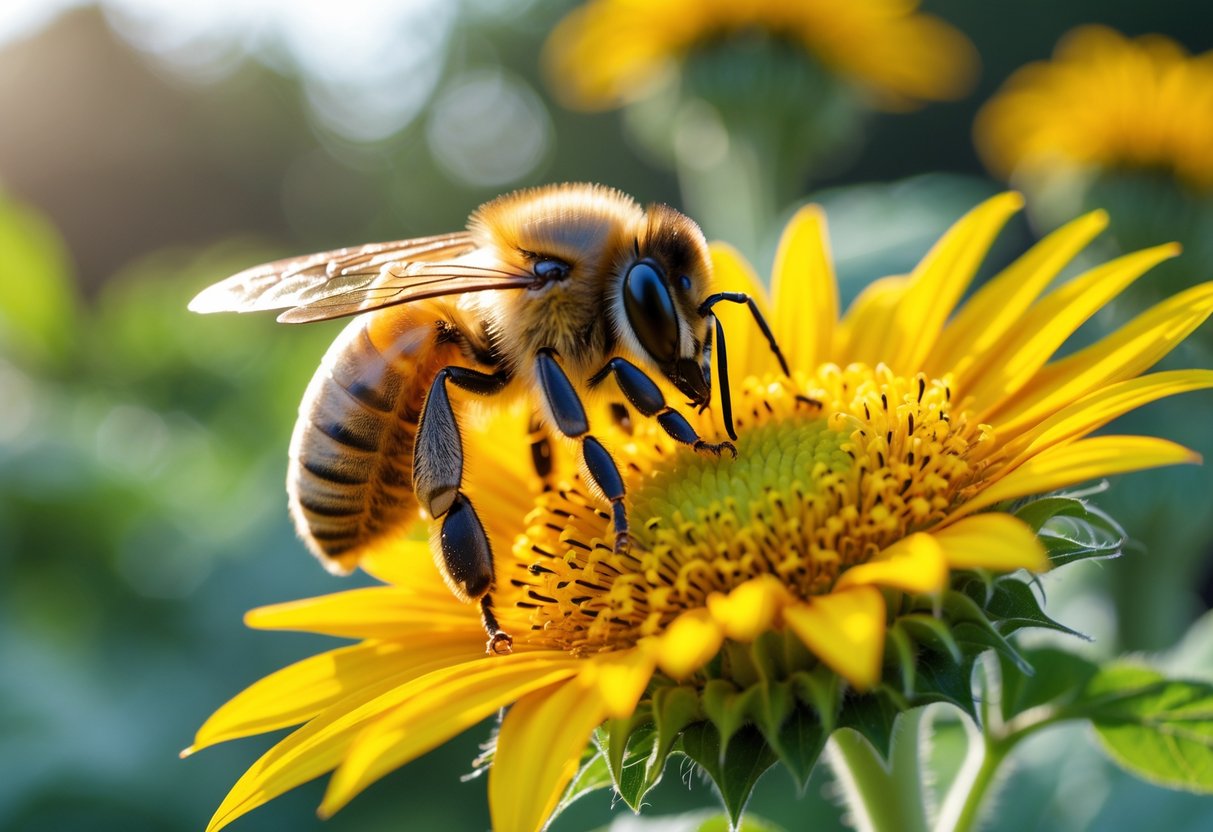 A honeybee collecting pollen on a yellow sunflower with green foliage in the background.