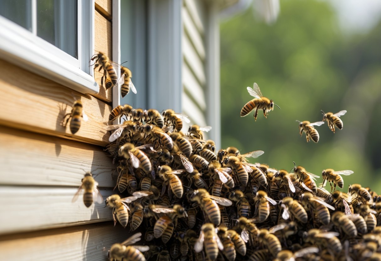 A swarm of bees clustered around the exterior wall and window frame of a house with some bees flying nearby.