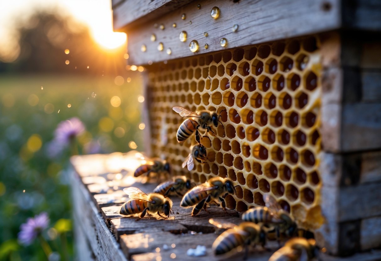 Bees settling into a honeycomb at dusk with warm sunset colors in the background.