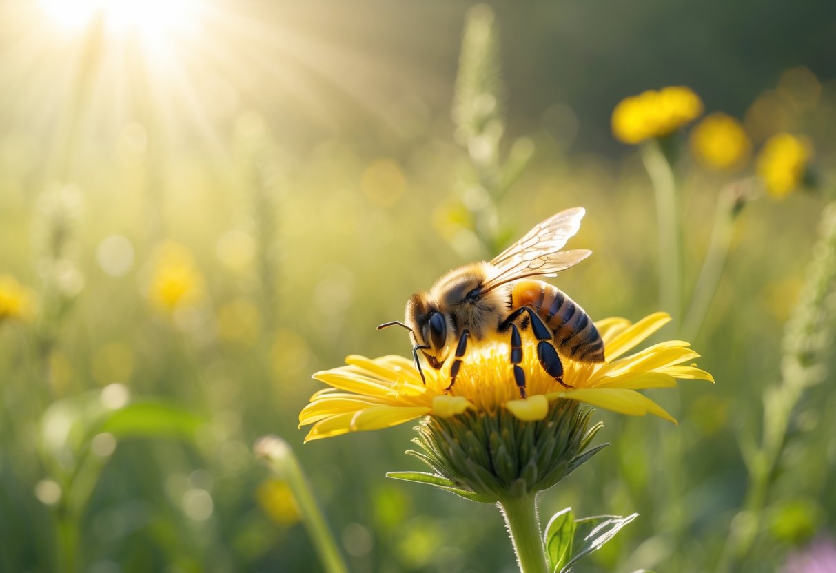 A bee resting on a yellow flower in a sunlit meadow with blurred wildflowers in the background.