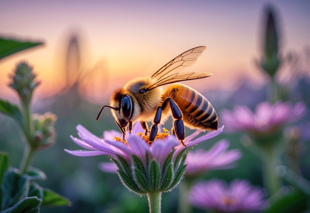 A honeybee resting on a flower at sunset with a warm sky in the background.