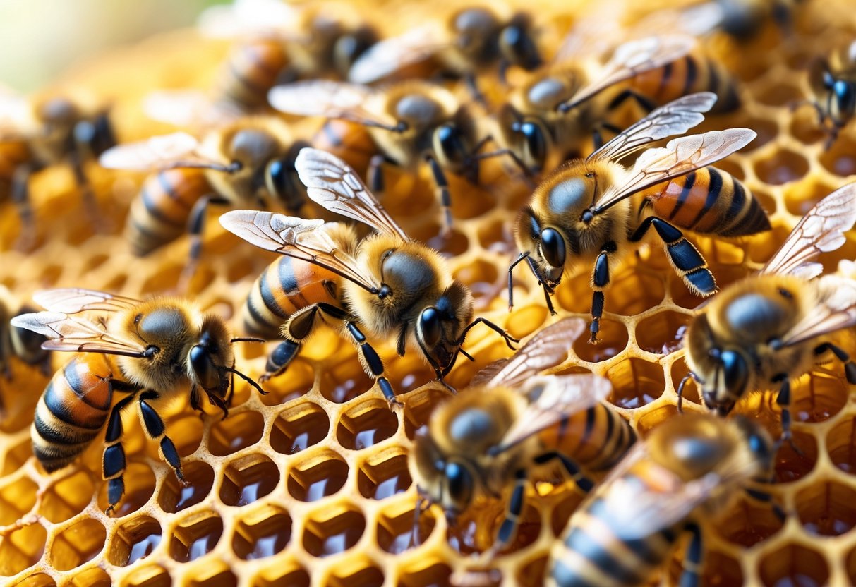 Close-up of several honeybees working together on a honeycomb inside a hive.
