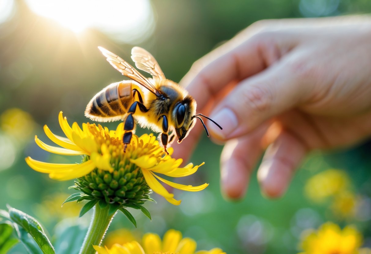 A honeybee sitting on a yellow flower with a human hand gently reaching towards it in the background.
