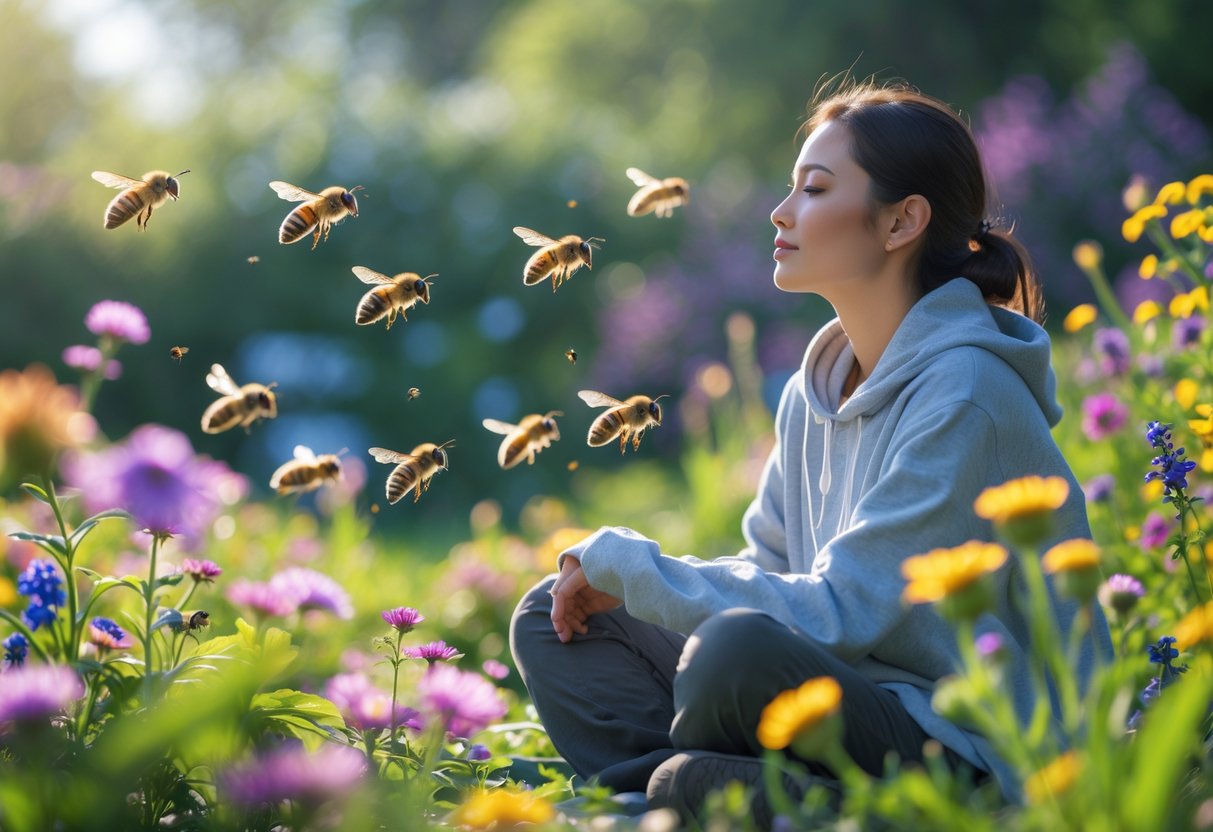 A person sitting still in a garden with bees flying nearby around flowers.