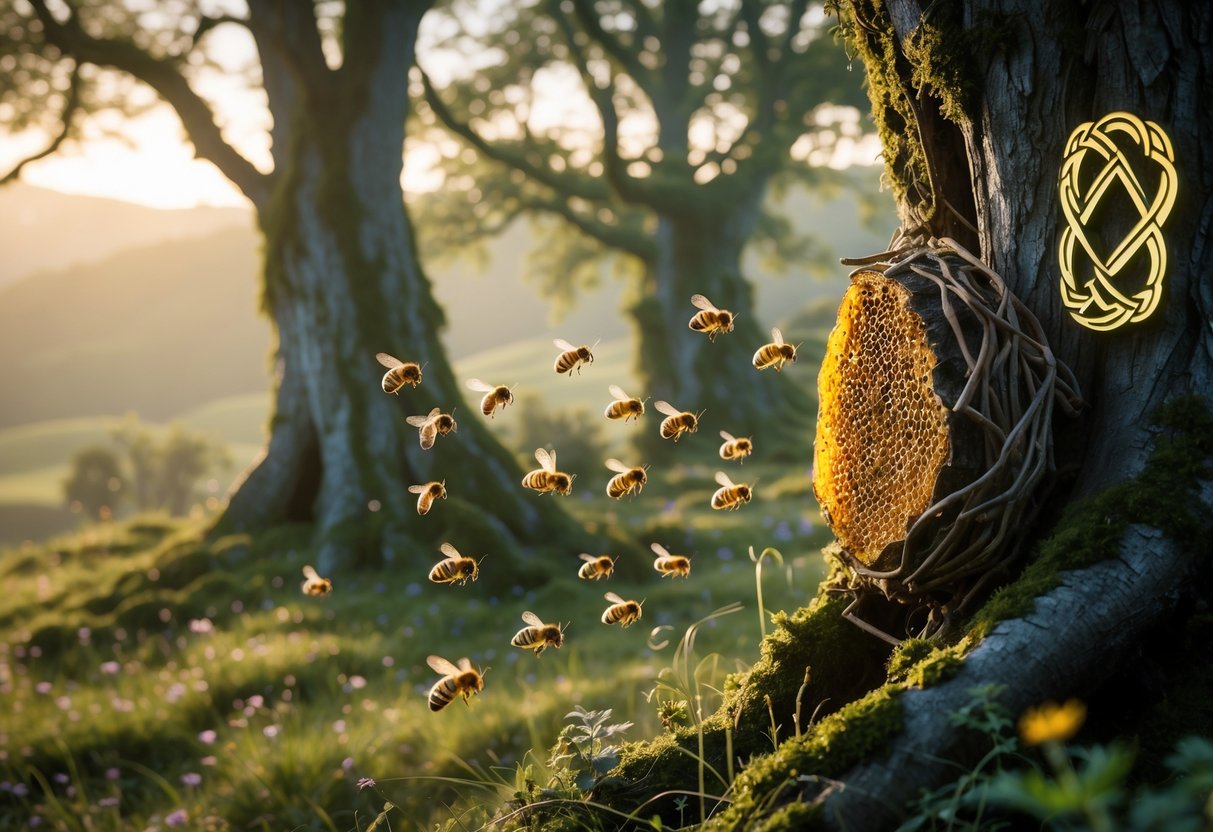 A forest scene with honeybees around a natural beehive hanging from a tree, surrounded by ancient trees and subtle Celtic patterns.