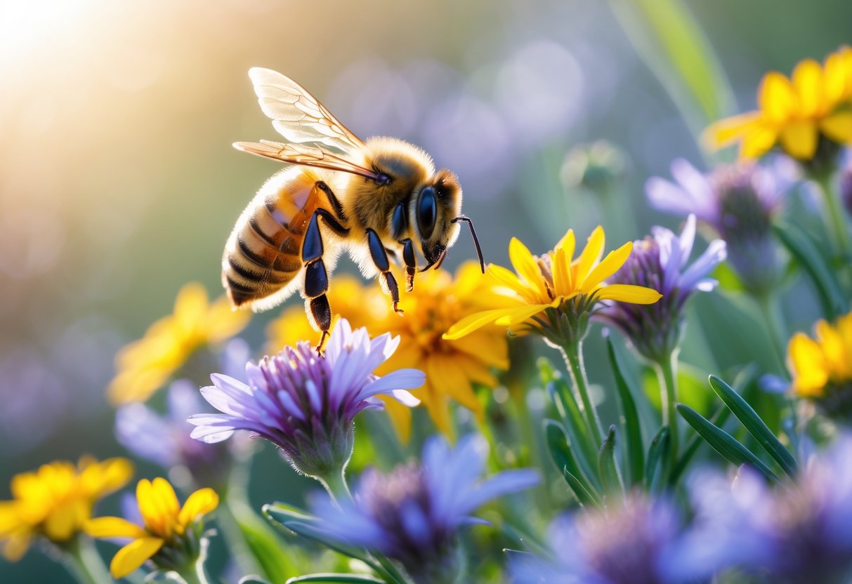 A honeybee hovering near colorful wildflowers in a garden.