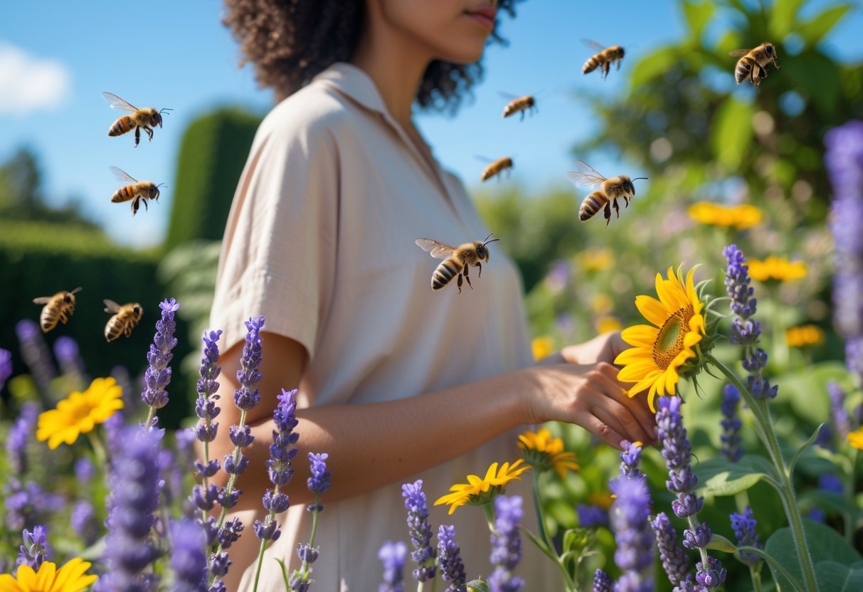 A person in a garden with blooming flowers and bees flying nearby.