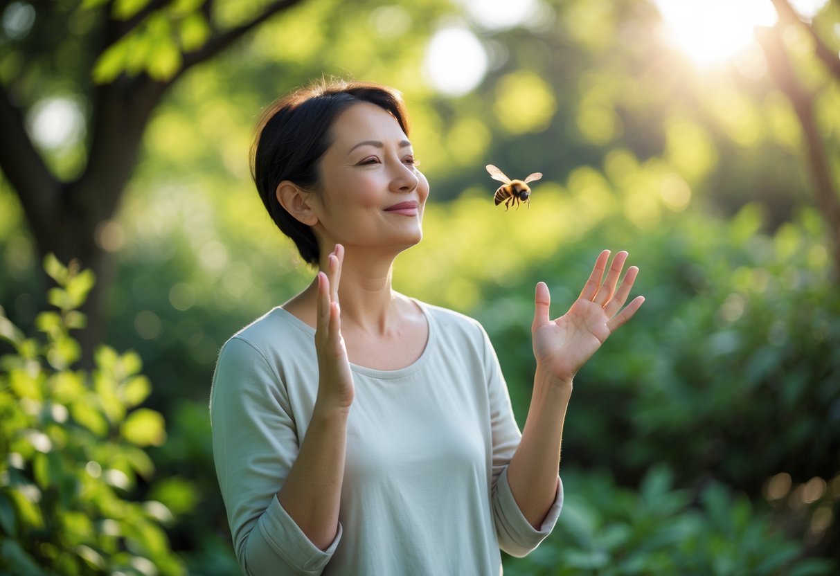 A person calmly standing outdoors with a bee flying near their face in a garden.