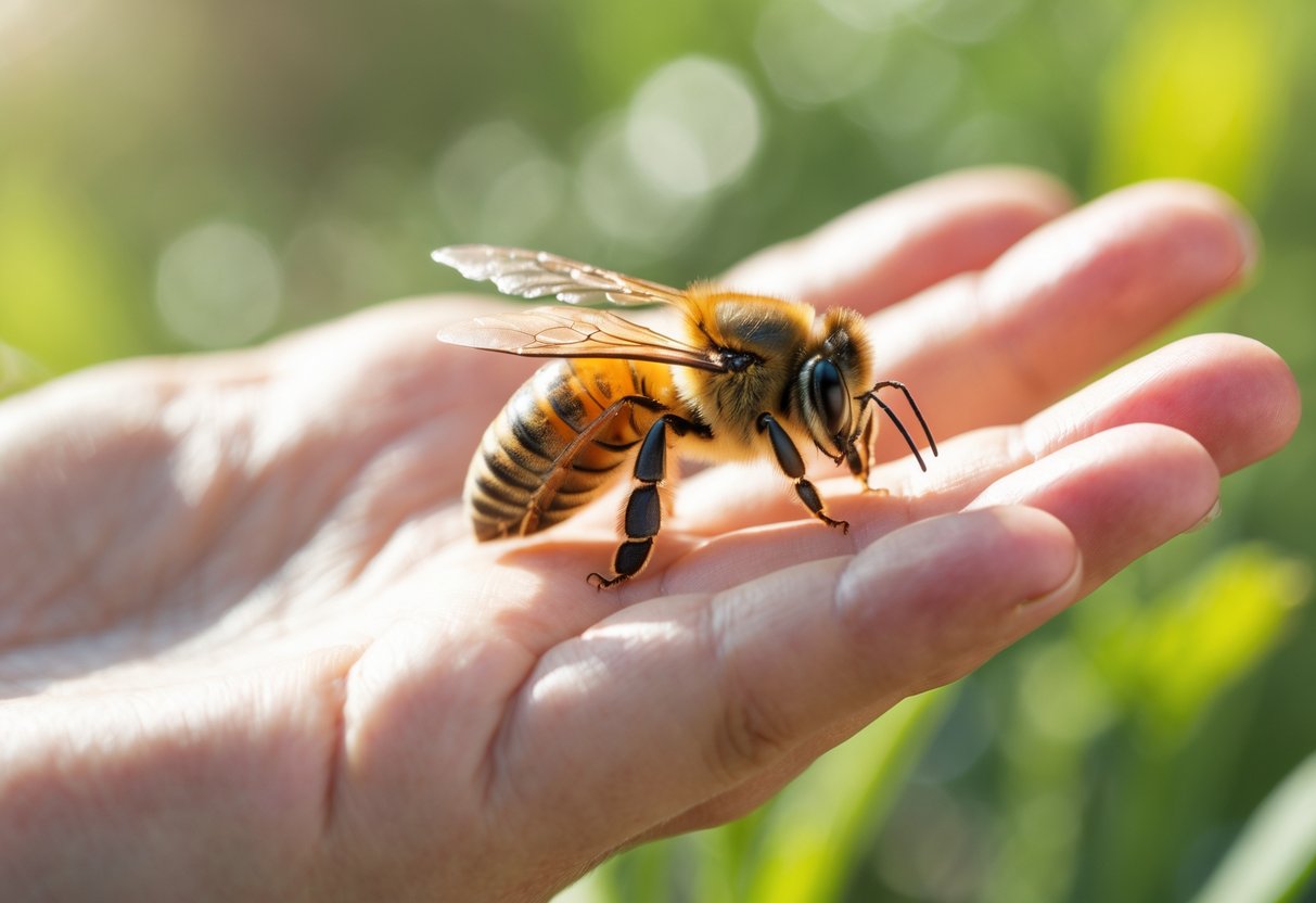 A honeybee resting on a person's hand outdoors with green blurred background.