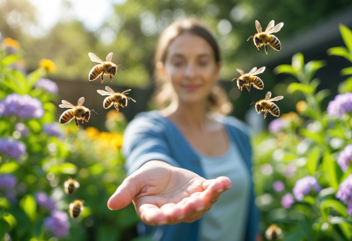 A person outdoors with bees flying towards their outstretched hand among blooming flowers.