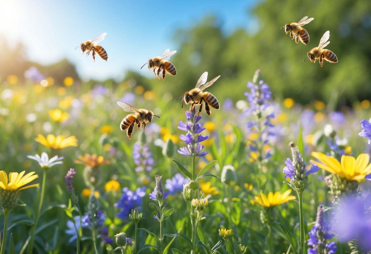 Honeybees pollinating colorful wildflowers in a sunny meadow.