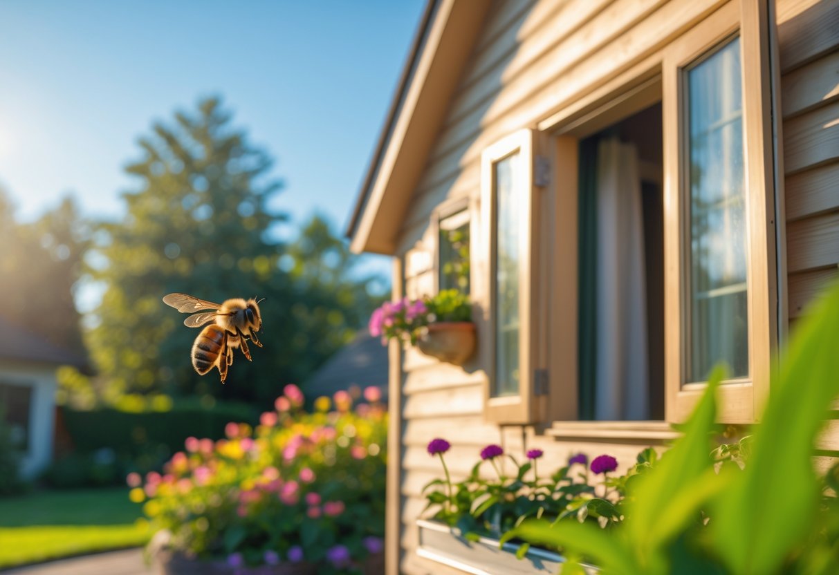 A honeybee landing on the outside of a house near an open window with flowers and greenery around.