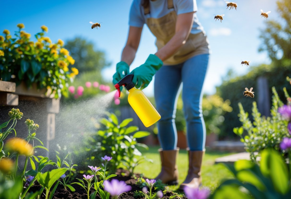 Person spraying natural repellent on plants in a garden with bees flying nearby.