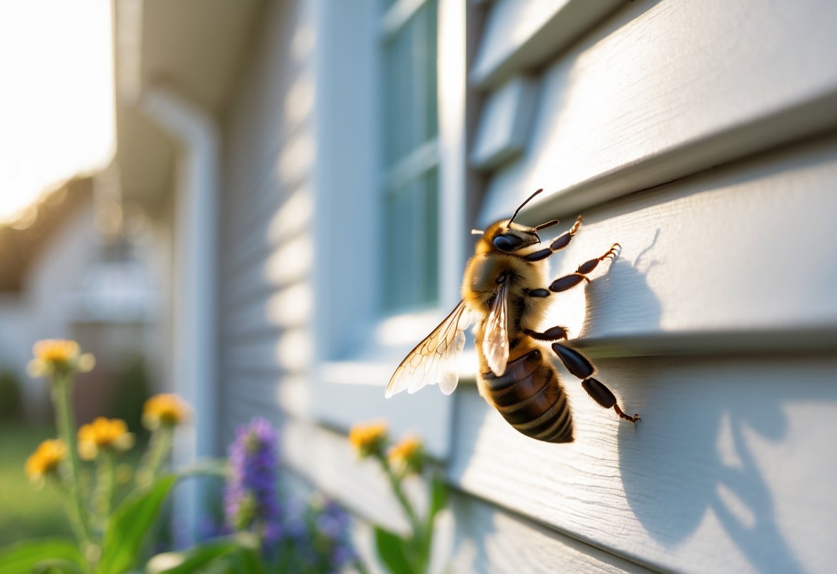 A bee landing on the exterior wall of a house near a window with flowers nearby.