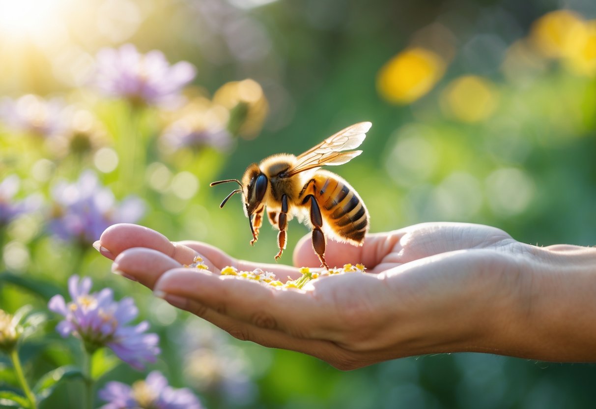 A honeybee landing on a person's outstretched hand in a garden with flowers in the background.