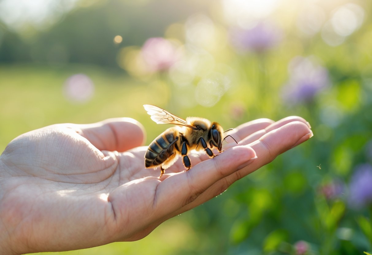 A bee gently landing on a person's outstretched hand outdoors with flowers and greenery in the background.