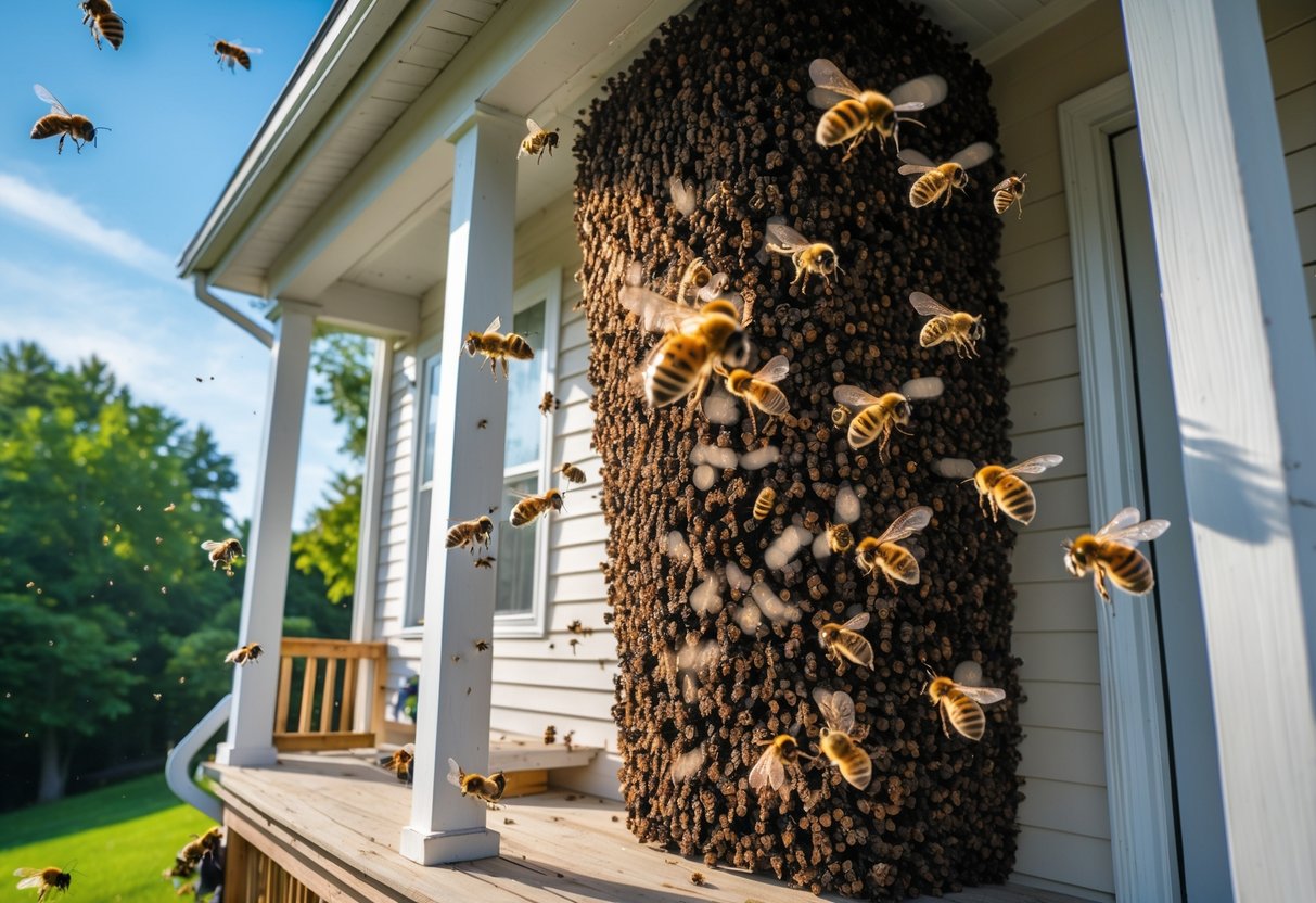 A large swarm of honeybees flying and clustering around the exterior of a suburban house near the front door and windows.