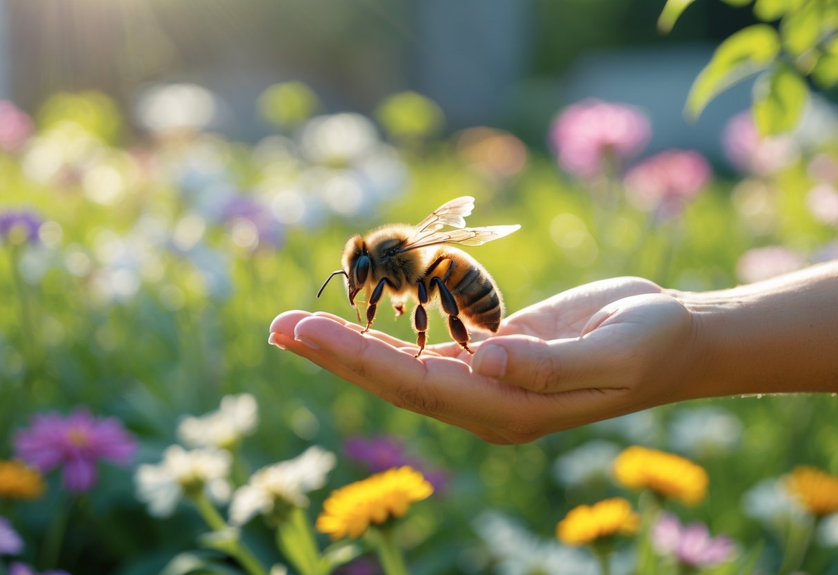 A close-up of a bee landing on a person's open hand surrounded by colorful flowers in a garden.
