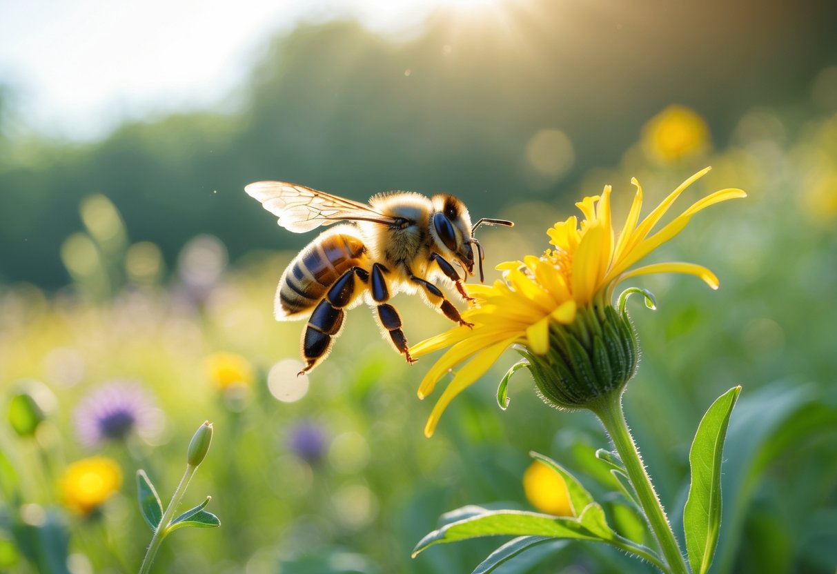 A honeybee hovering near a yellow flower in a sunlit meadow with blurred green foliage in the background.