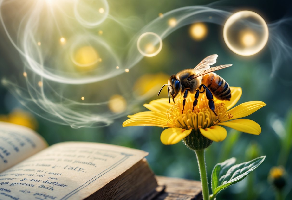 A close-up of a honeybee on a yellow flower with a blurred vintage book in the background, surrounded by soft glowing orbs and mist.