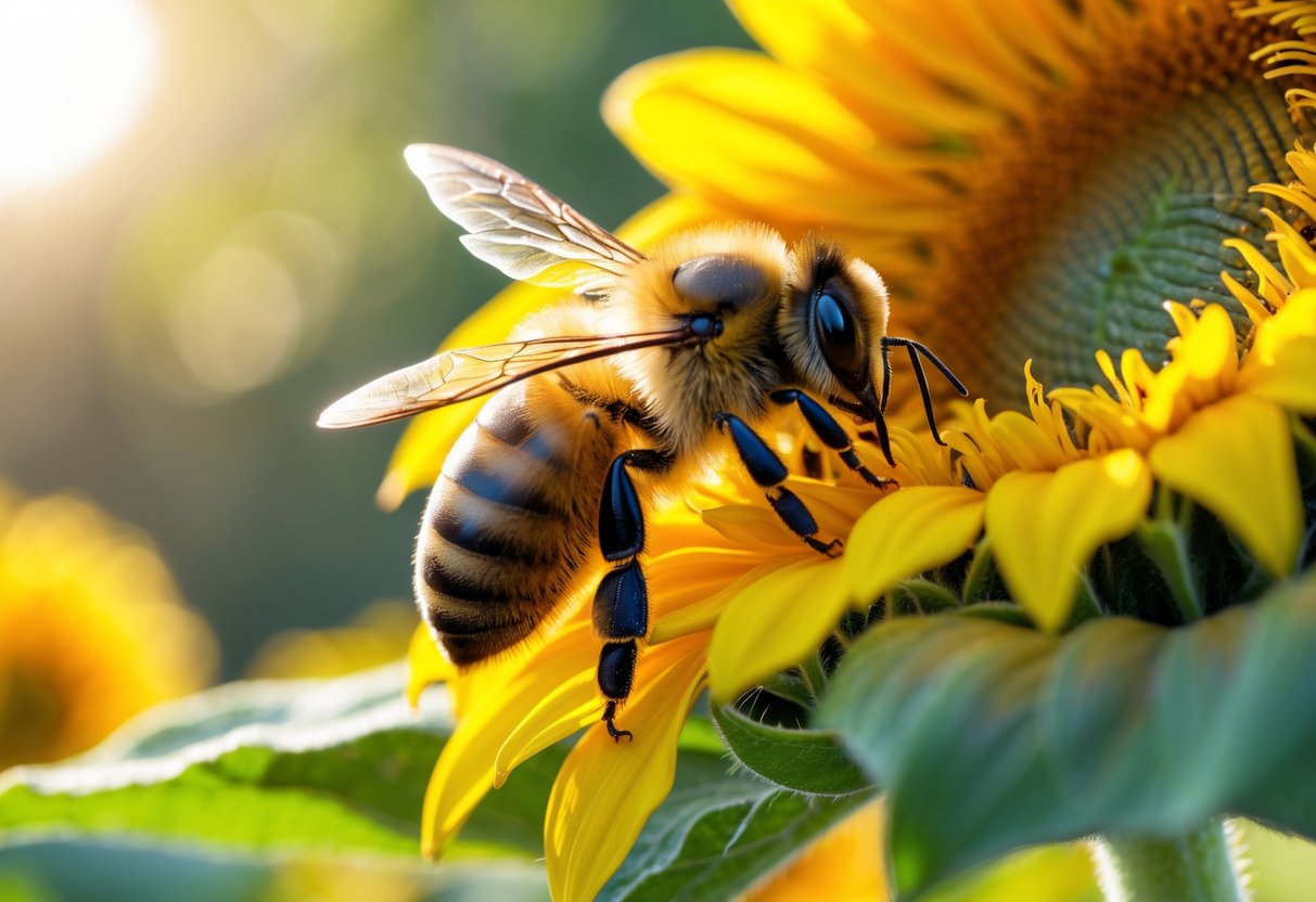 A honeybee collecting pollen on a yellow sunflower with a blurred green background.