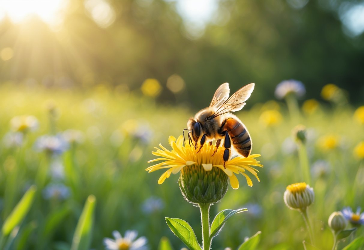 A bee hovering near a yellow flower in a sunlit meadow with green plants around.