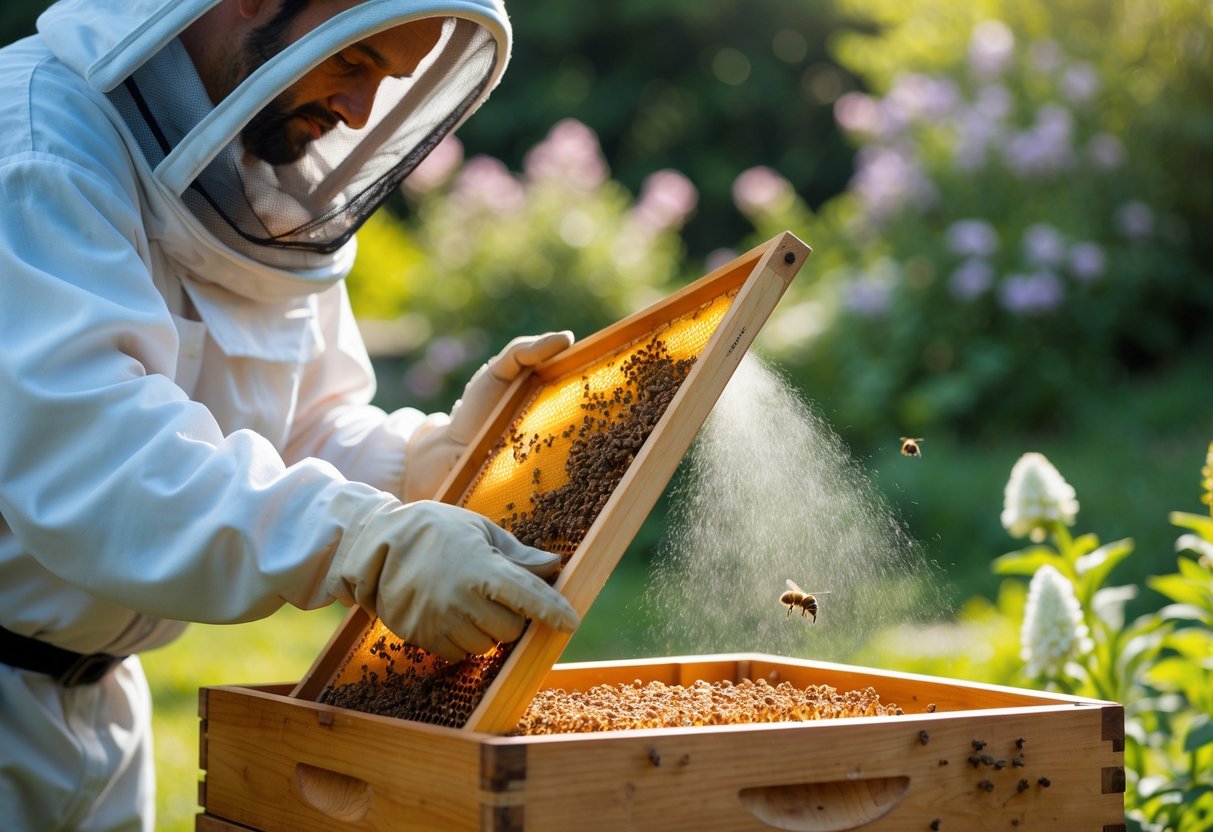 Beekeeper spraying natural repellent near a honeycomb frame inside a beehive surrounded by flowers.