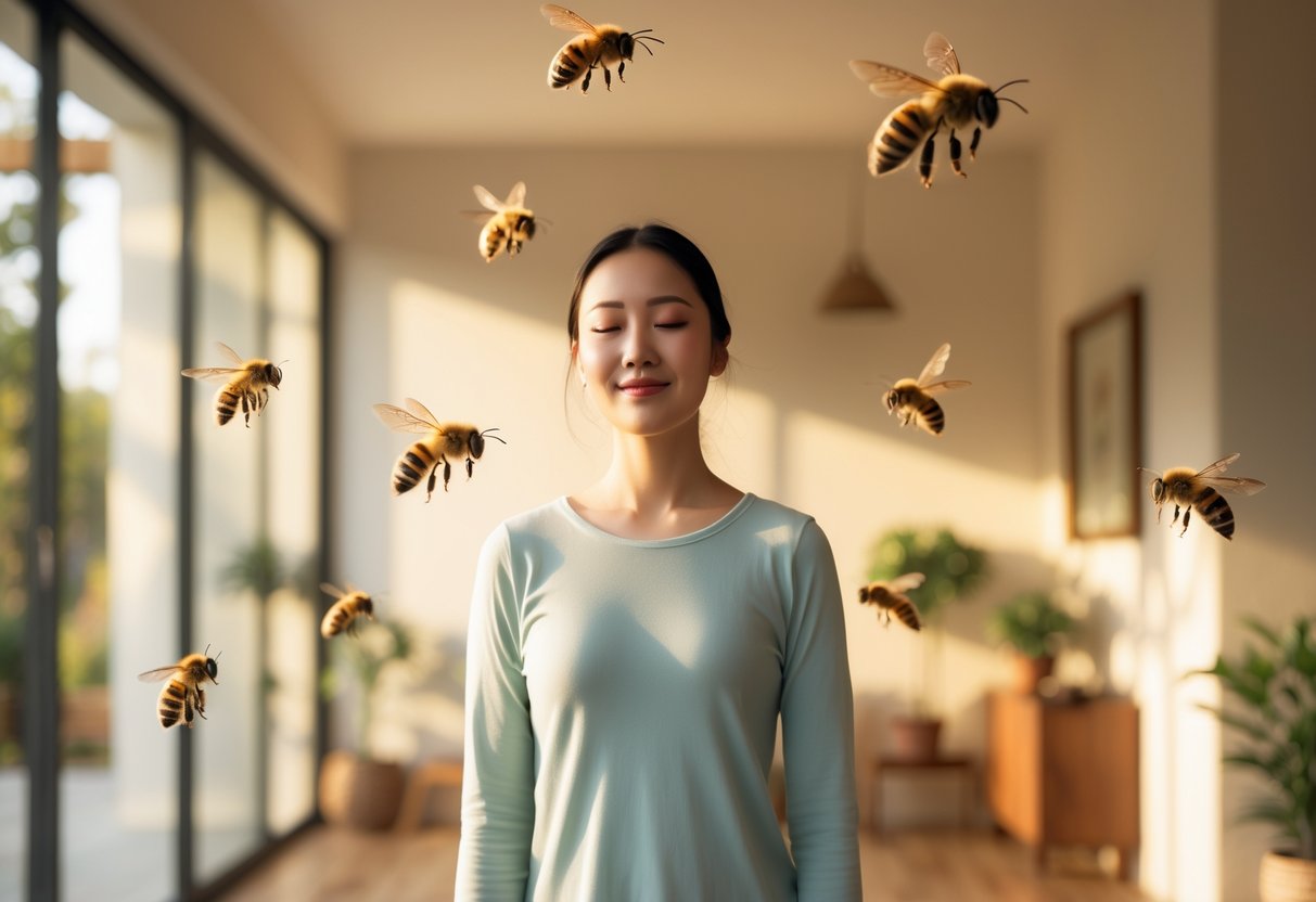 A person standing calmly inside a bright room with bees flying gently around them.