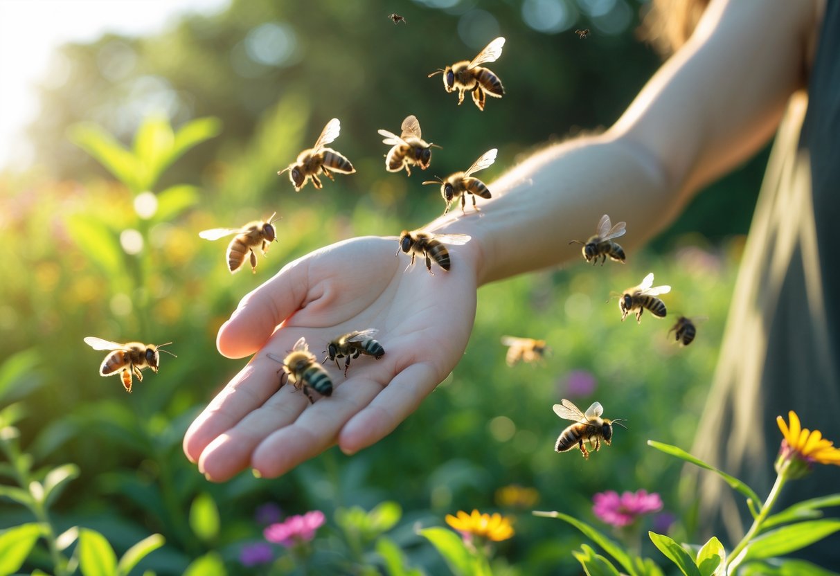 A person with an outstretched hand has bees hovering and landing on their arm outdoors among green plants and flowers.