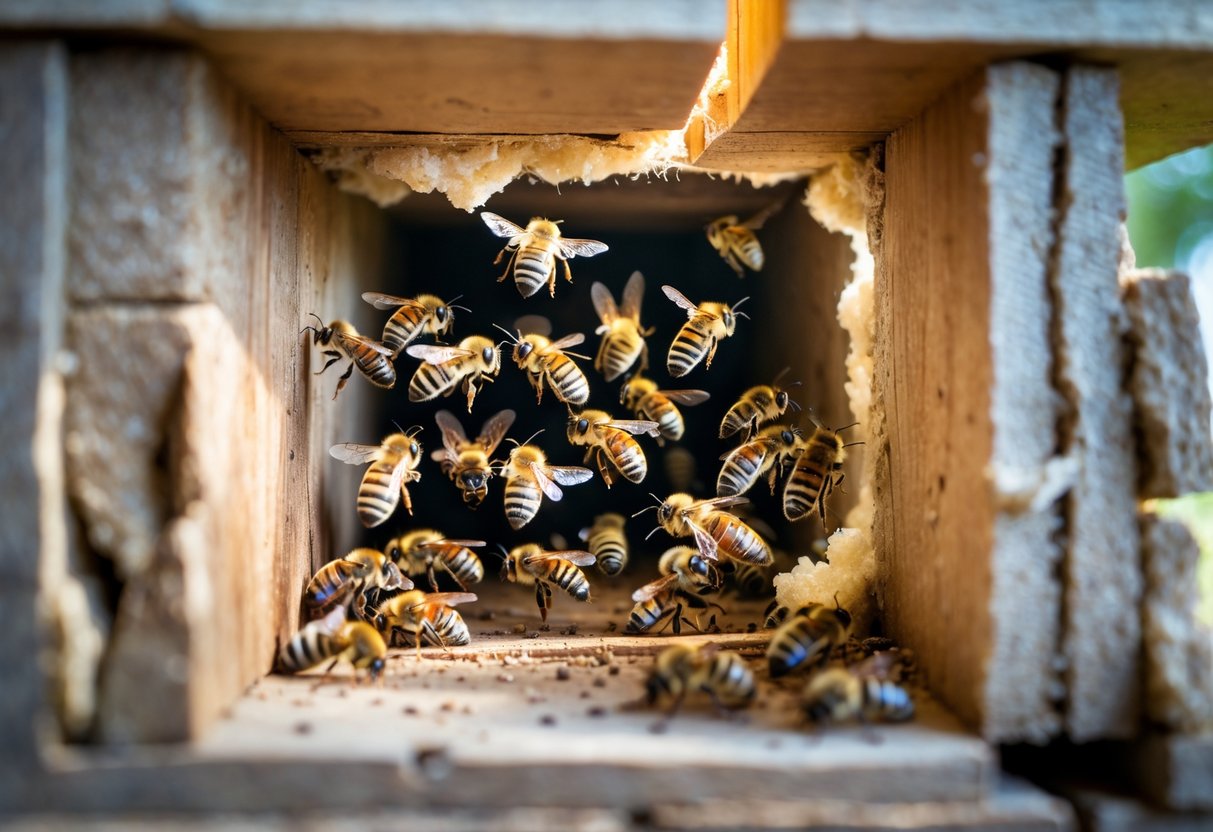 Close-up view of a house wall cross-section showing bees trapped inside a hollow cavity between wooden studs.
