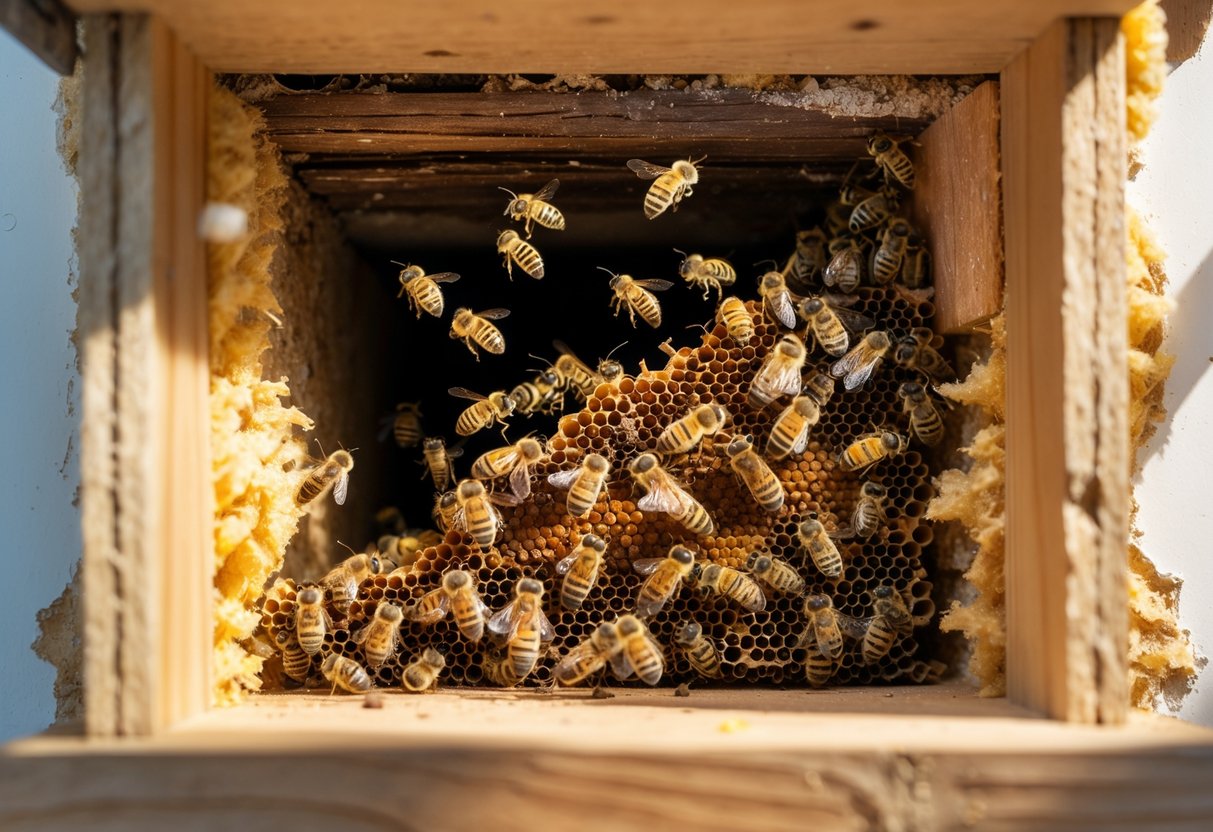 Close-up view of bees inside a honeycomb hidden within a cross-section of a wooden wall.
