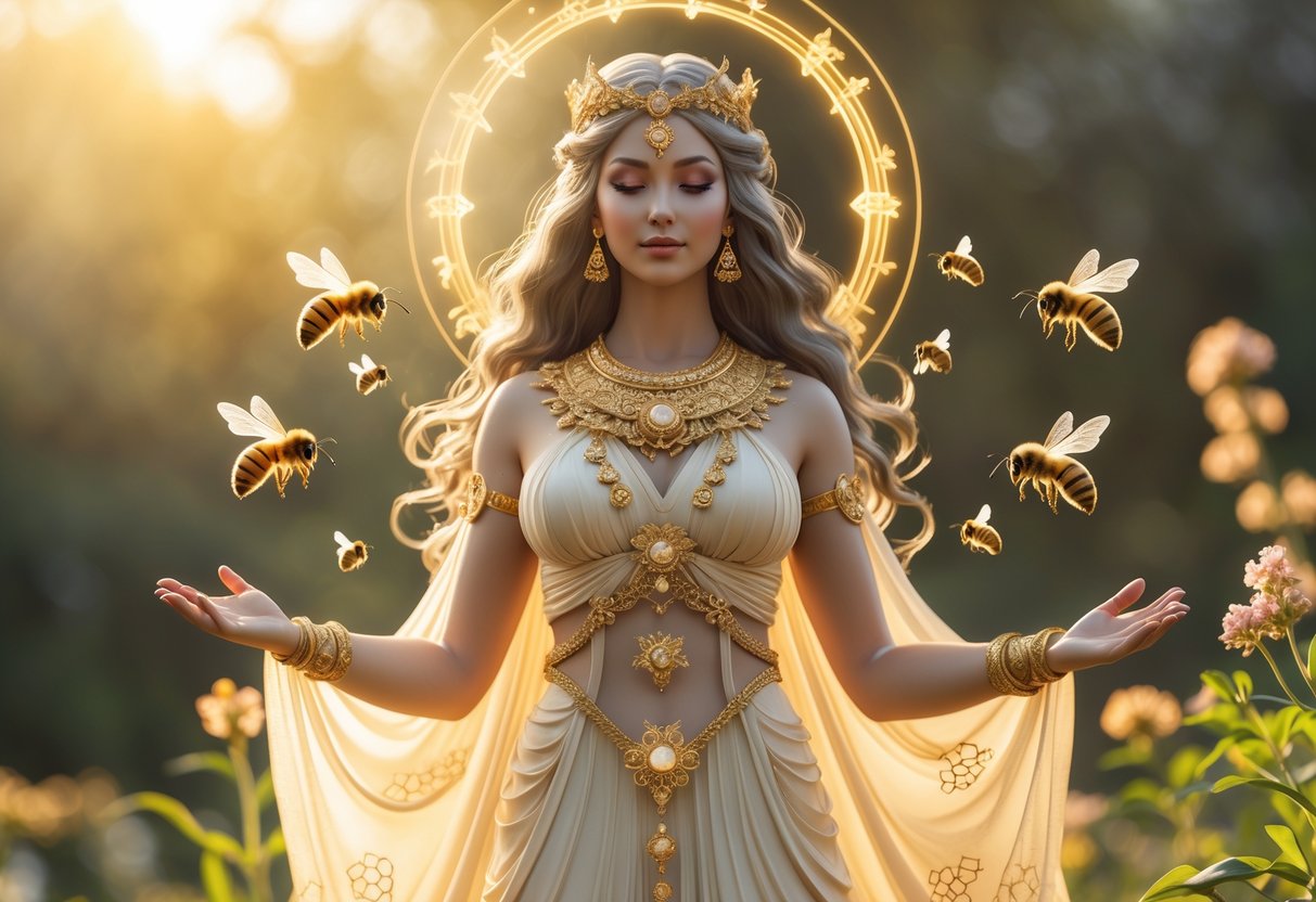 A serene goddess figure surrounded by bees in a natural setting with flowers and sunlight.