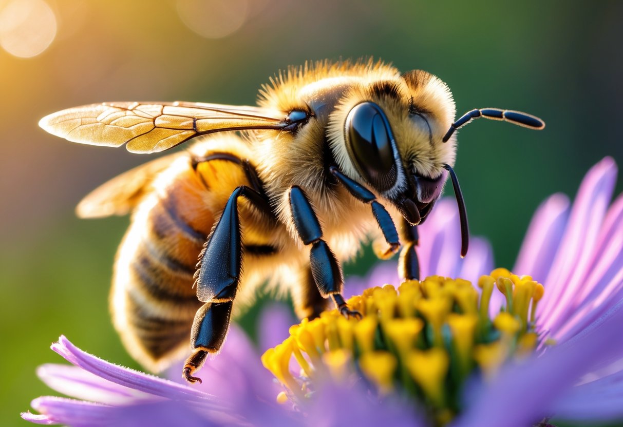 A close-up of a honeybee on a flower showing the bee's face and eyes in detail.