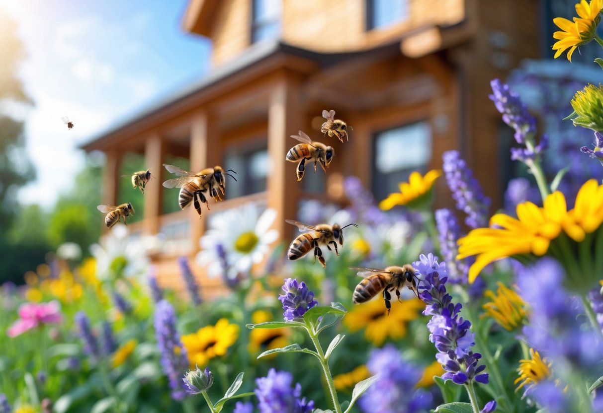 Bees collecting nectar from colorful flowers in a garden near a wooden house.
