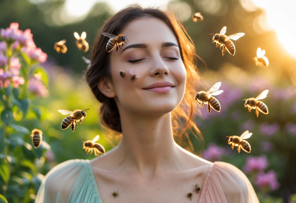 A young woman standing in a garden with honeybees gently hovering around her face and shoulders.