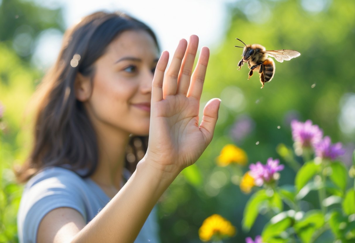 A person outdoors gently waving their hand near their face to shoo away a bee flying nearby.