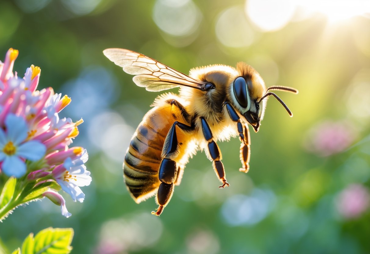 A honeybee flying toward colorful flowers in a sunlit garden.